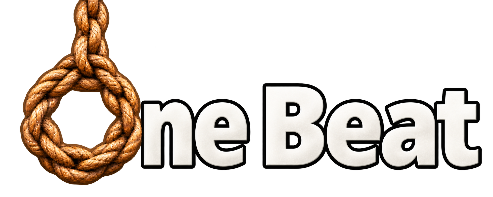 ONE BEAT’s pearl-white wordmark with a black outline and a rope O